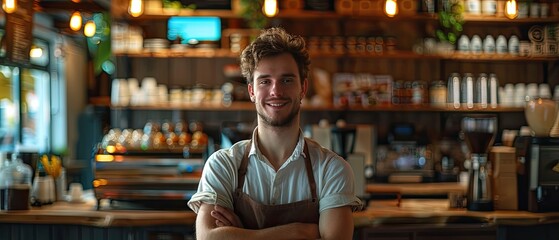 Fototapeta premium A cheerful barista standing with arms crossed in a cozy coffee shop, warmly lit with a variety of coffee products in the background..