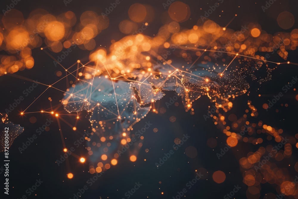 Aufkleber abstract visualization of global business network interconnected nodes forming world map glowing lin