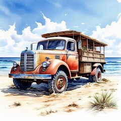 Fototapeta premium Vintage Truck on a Sandy Beach.