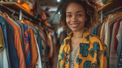 Obraz premium Young woman with curly hair smiling while browsing clothes in a colorful clothing store, surrounded by various garments..