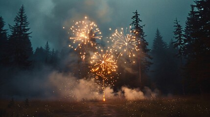 Naklejka premium Serene Minimalist Fireworks Display above Forest Clearing for Quiet Celebration