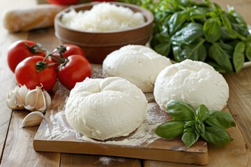 Freshly made pizza dough balls on a wooden board surrounded by tomatoes, garlic, grated cheese, and basil leaves..