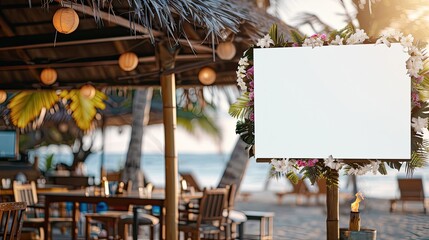 A tropical beach caf&eacute; with a blank sign for custom text, surrounded by flowers and overlooking the ocean on a sunny day..