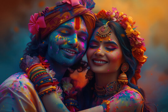Smiling Lord Radha and Krishna with colorful holi powder on their faces, they hug each other