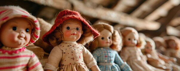 Fototapeta premium A row of vintage dolls with expressive faces and varied outfits, showcasing nostalgic charm in a rustic setting. Perfect for collectors and enthusiasts.
