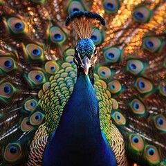 Obraz premium Vibrant peacock displaying its colorful feathers with eye-catching patterns in a stunning close-up shot.