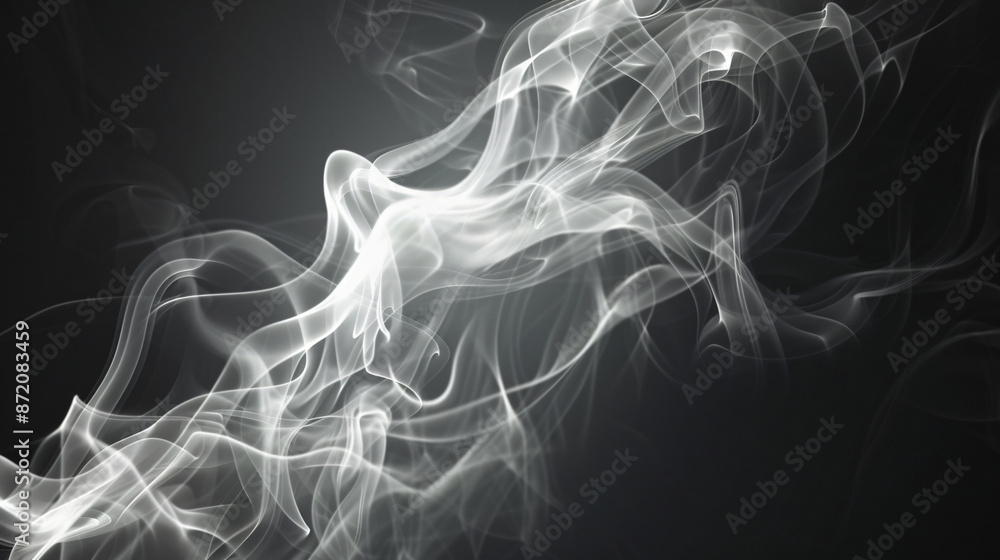 Poster abstract white smoke illustration on black background. the design features fluid and dynamic shapes,
