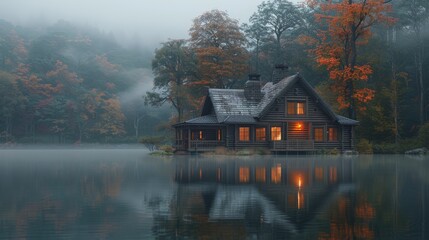 a wood cabin in a misty Norwegian forest
