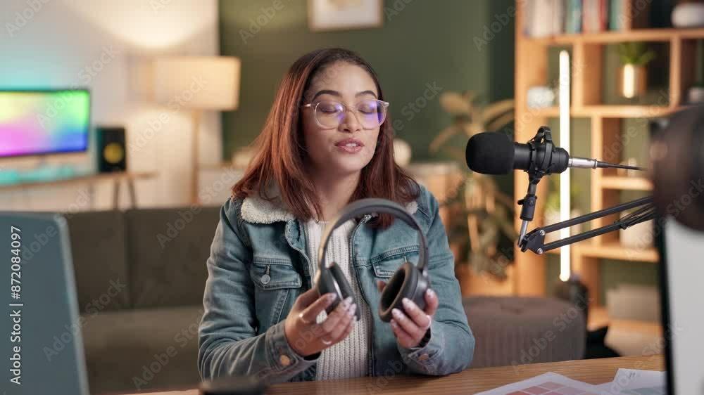 Aufkleber broadcast, interview or live stream and woman with headphones in recording studio to host show. micr