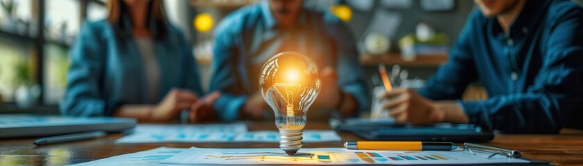 A glowing lightbulb between the hands of three people, symbolizing teamwork and new ideas.
