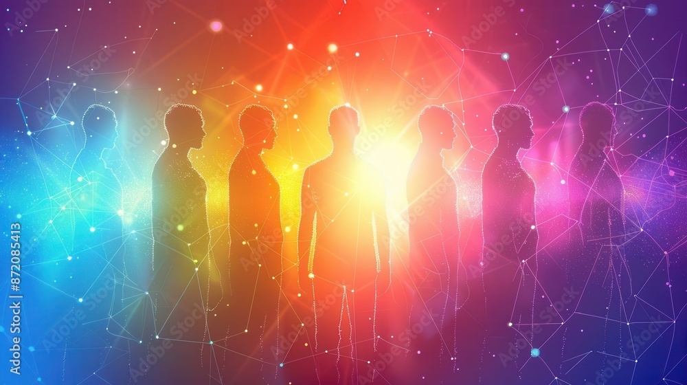 Poster abstract human silhouettes interconnected by glowing lines diverse colors representing unity gradien