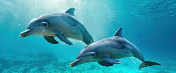 Naklejka premium Bottlenose Dolphin (Tursiops Truncatus) Mother And Calf Swimming Together,High Resolution, Ultra HD
