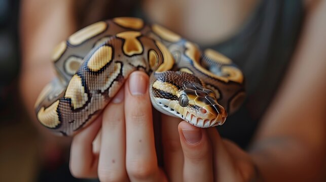 Petting a Ball Python: Hands gently holding and petting a ball python, with the snake coiled around a person's arm.
