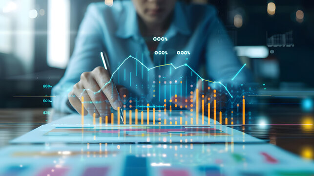 Business professional analyzing financial data, economic trend, and market performance on a digital screen. Data-driven decision-making concept.