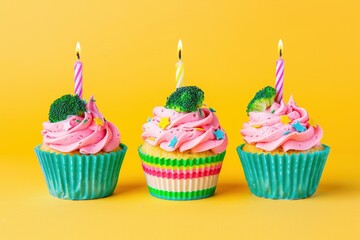 Celebratory cupcakes with pink frosting and candles on vibrant yellow background for festive occasions