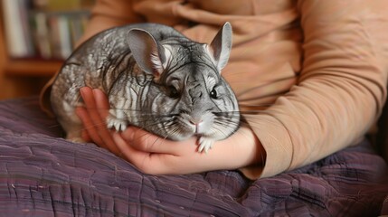 Petting a Chinchilla: Hands petting the velvety fur of a chinchilla, with the chinchilla nestled comfortably in the person's lap.

