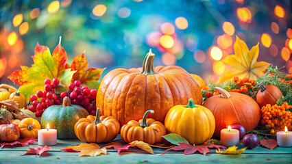 A beautiful Thanksgiving or Fall themed background with pumpkins, candles, berries, and leaves.