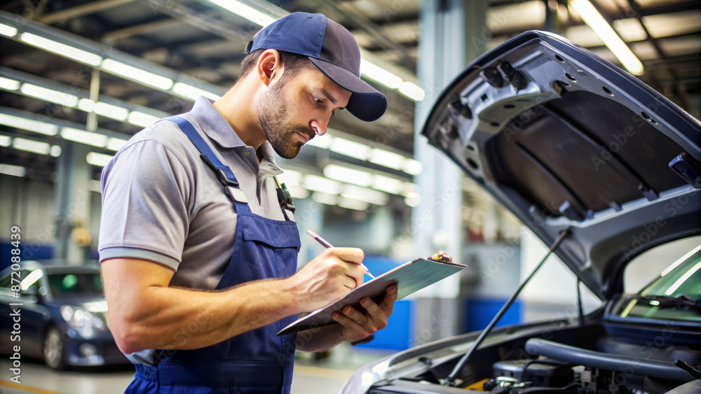 Poster mechanic in blue overalls taking notes on a clipboard while inspecting a car in a workshop