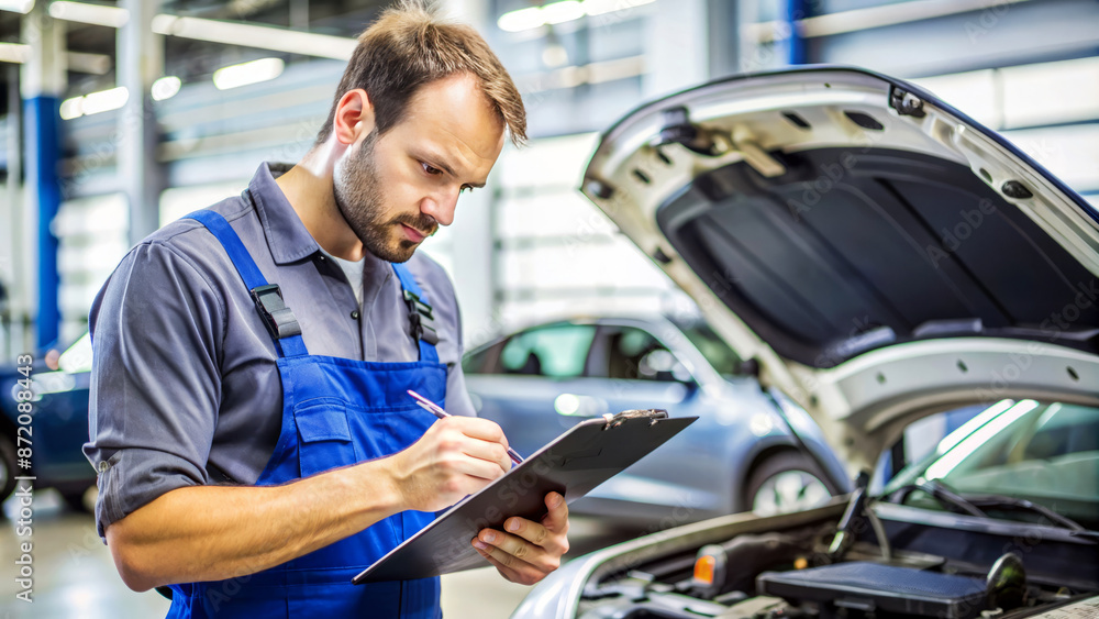 Poster mechanic in blue overalls taking notes on a clipboard while inspecting a car in a workshop