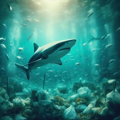 Obraz premium shark and smaller fish, and environmental pollution, pressing issue of ocean pollution’s impact on marine ecosystems.