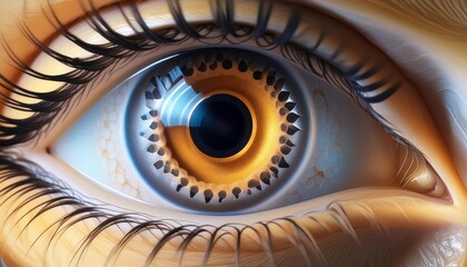 A close up image showing a colorful eye adorned with a spiral design in vibrant hues, creating a symmetrical pattern