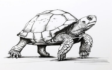 Fototapeta premium Detailed black and white sketch of a turtle walking, showcasing intricate shell and leg patterns. Perfect for nature and wildlife art collections.