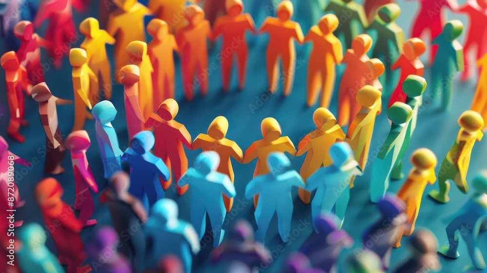 Poster diverse group of stylized human figures forming a circular pattern vibrant colors represent unity an