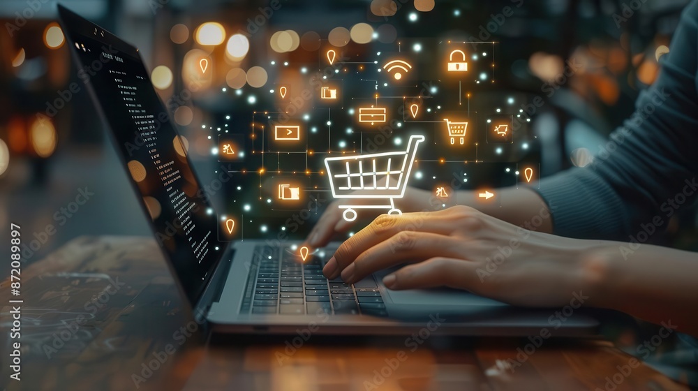 Aufkleber ecommerce concept hands typing on laptop with glowing digital shopping cart hovering above surrounde