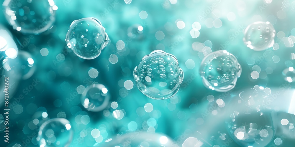 Poster a blue background with many small bubbles floating in it. the bubbles are all different sizes and sh
