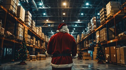 Santa Claus in Warehouse Preparing for Christmas Eve Deliveries with Festive Decorations