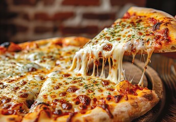 Melted mozzarella cheese drips enticingly from a close-up shot of a delectable cheese pizza.