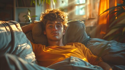 Fototapeta premium Young Man Relaxing in a Couch in the Afternoon Sunlight
