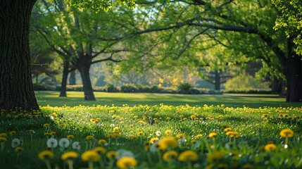 Obraz premium A serene garden scene with young, vibrant green grass and dandelions in full bloom, framed by the gentle presence of trees, capturing the rejuvenating spirit of spring