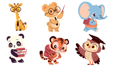 Obraz premium Set of flat vector illustrations in children's style on white background on the theme of learning and school. Bear giraffe tiger cub elephant owl and panda with textbooks and school bags. Vector