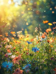 Fototapeta premium Lush, colorful flower meadow bathed in sunlight, bokeh lights sparkling in the background, and ample space for text, creating a perfect summer greeting card or nature banner