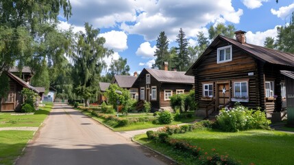A group of wooden cabins nestled in a valley surrounded by lush green trees and mountains. The sky is blue with white puffy clouds
