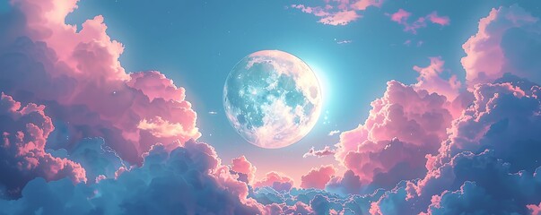 The celestial moon beams through a tapestry of pink and blue clouds, creating a mesmerizing scene captured in perfect detail with a fantasy anime style.