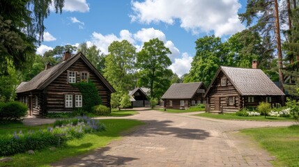 A group of wooden cabins nestled in a valley surrounded by lush green trees and mountains. The sky is blue with white puffy clouds