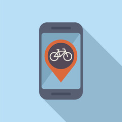 Smartphone is showing bike sharing app with location pin and bicycle sign