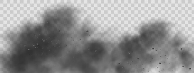 Vector background of a sand explosion with dirt and cloud smoke. Brown sandstorm splash and  dirty ground with a textured wind effect.Yellow flying particles and stone.