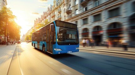 Obraz premium Cityscape Glow: Evening Bus Ride at Sunset