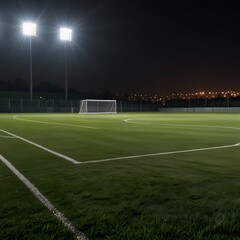 Fototapeta premium A soccer field with a bright green grass and a few lights in the background