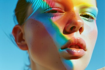 Colorful beauty in the sky creative makeup concept of woman with vibrant face paint, artistic expression and fashion theme