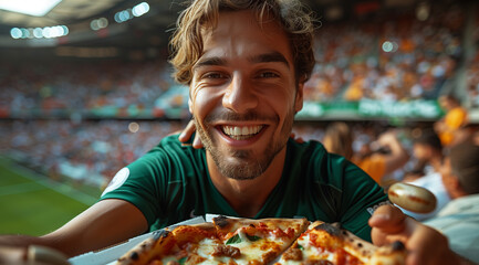 Portrait of happy football fan with pizza watching match on stadium.