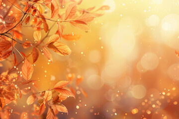 Obraz premium Autumn leaves on a blurred forest background. Abstract autumn background with light bokeh and space for text. 