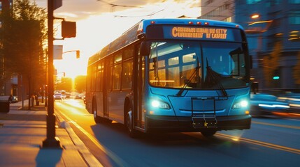 Obraz premium Twilight Commute: Urban Bus in Golden Hour