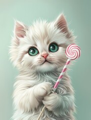 Cartoon drawing of a cute white kitten with a striped candy, on a light green background, a pretty kitty scene.