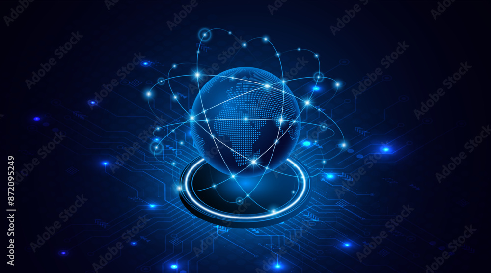 Aufkleber Global connection network background. World map with technology circuit boards. Internet technology concept or global communication