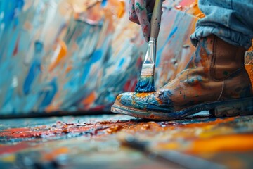 A person's feet are on a painting table with a variety of paint colors generated by AI