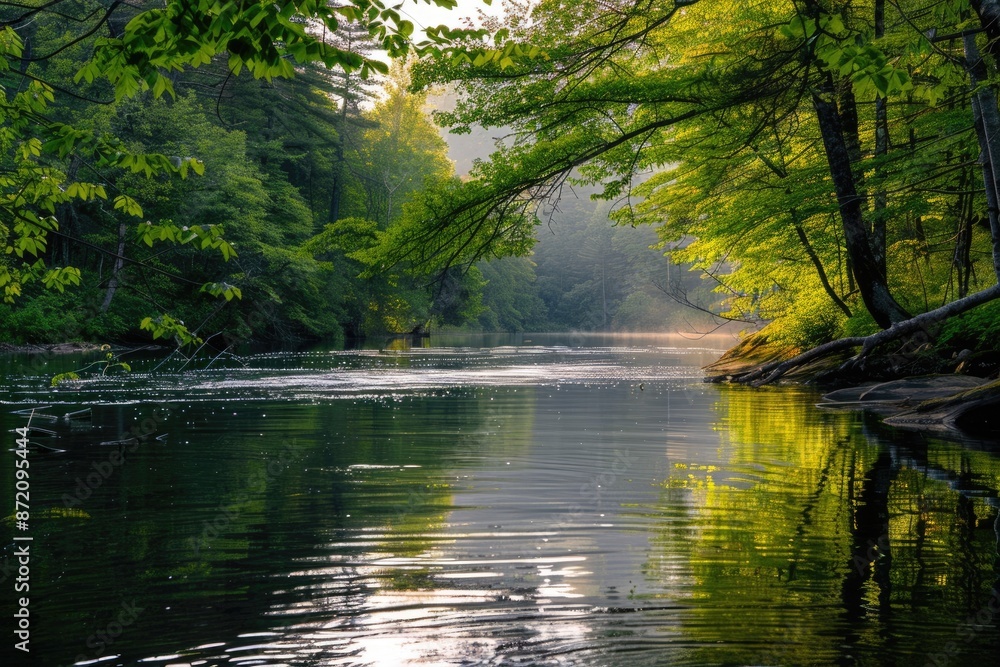 Poster sunlight illuminates tall trees in a tranquil forest by a serene stream, creating a peaceful atmosph